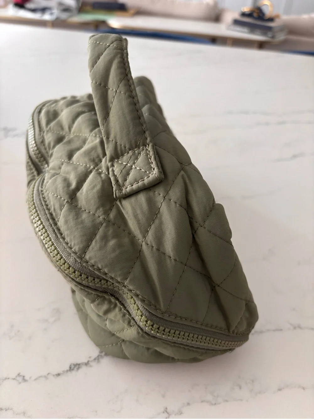 Quilted Olive Green Top-Handle Cosmetic Bag